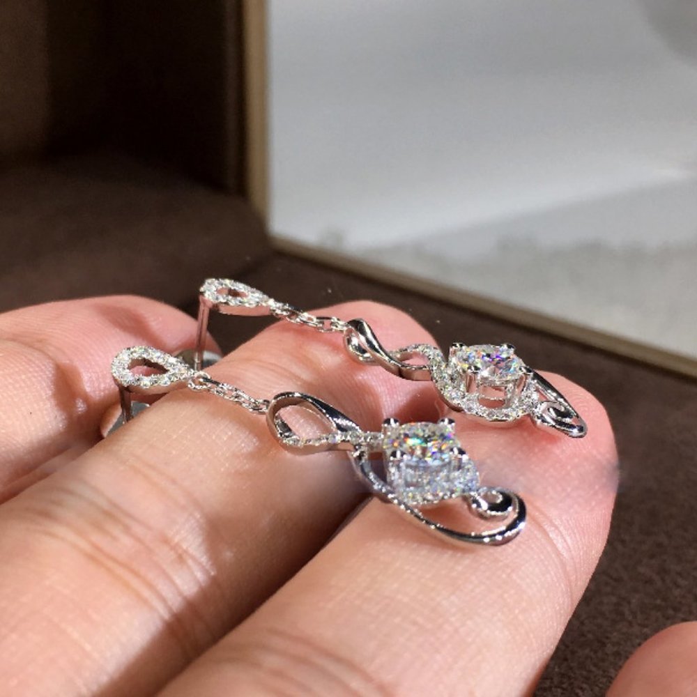 NEW Silver Round Diamond Drop Swirl Earrings - Picture 4 of 6